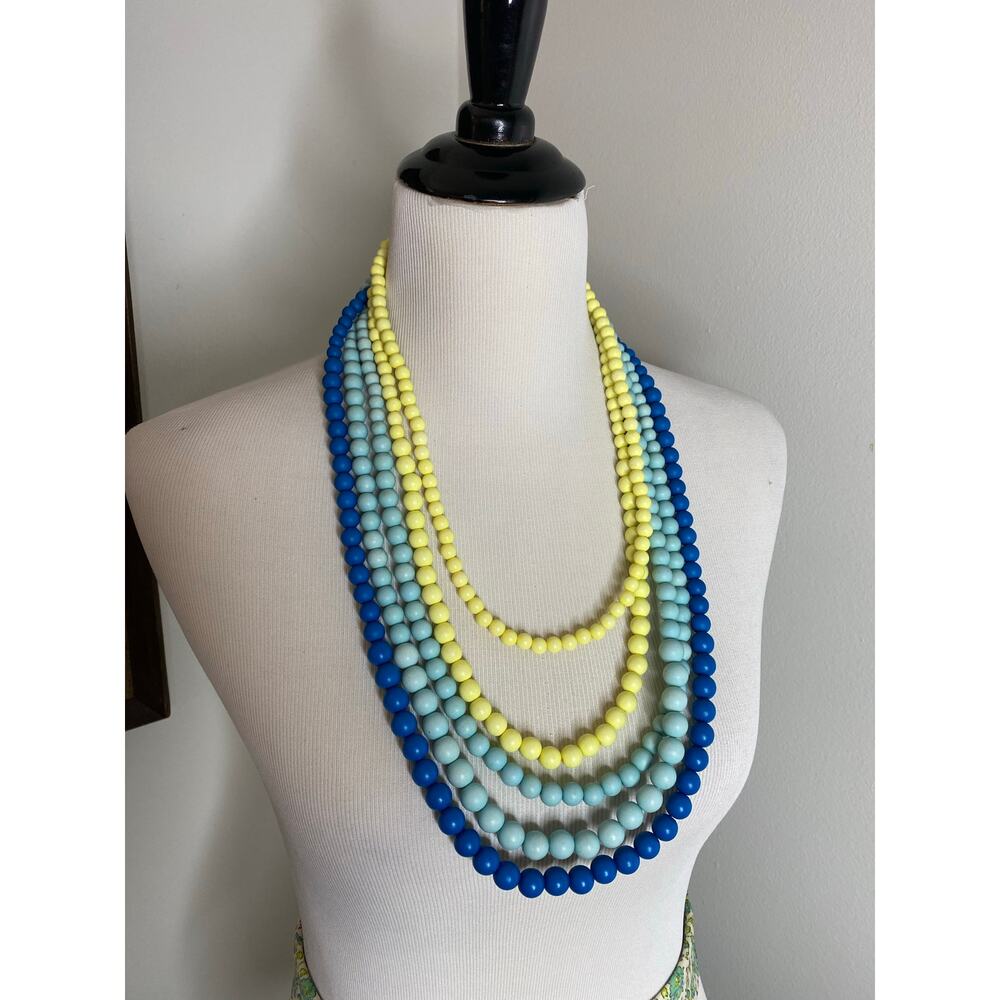 Multi-Strand Matte Bead Statement Necklace - Blue & Yellow Layered Bib